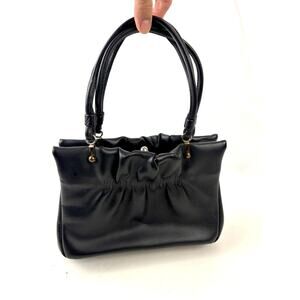 Vintage 1950s‎ 60s Black Gathered Leather Top Handle Purse Clasp Closure